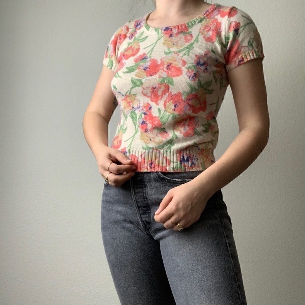 Women's Cashmere Multicolor Floral Short Sleeve Sweater Top Sz XS